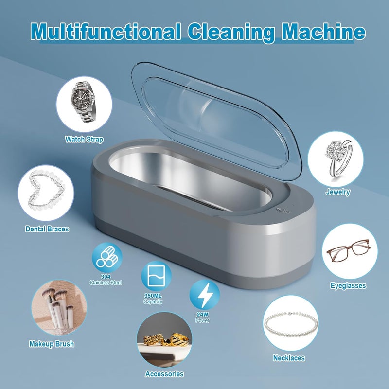 KUNPHY Ultrasonic Jewelry Cleaner, Jewelry Cleaner Machine 12oz 46KHz, Professional Sonic Cleaner with One-Touch Operation, Sonic Cleaner for Rings, Glasses, Jewelry, Dentures, Grey - Image 5